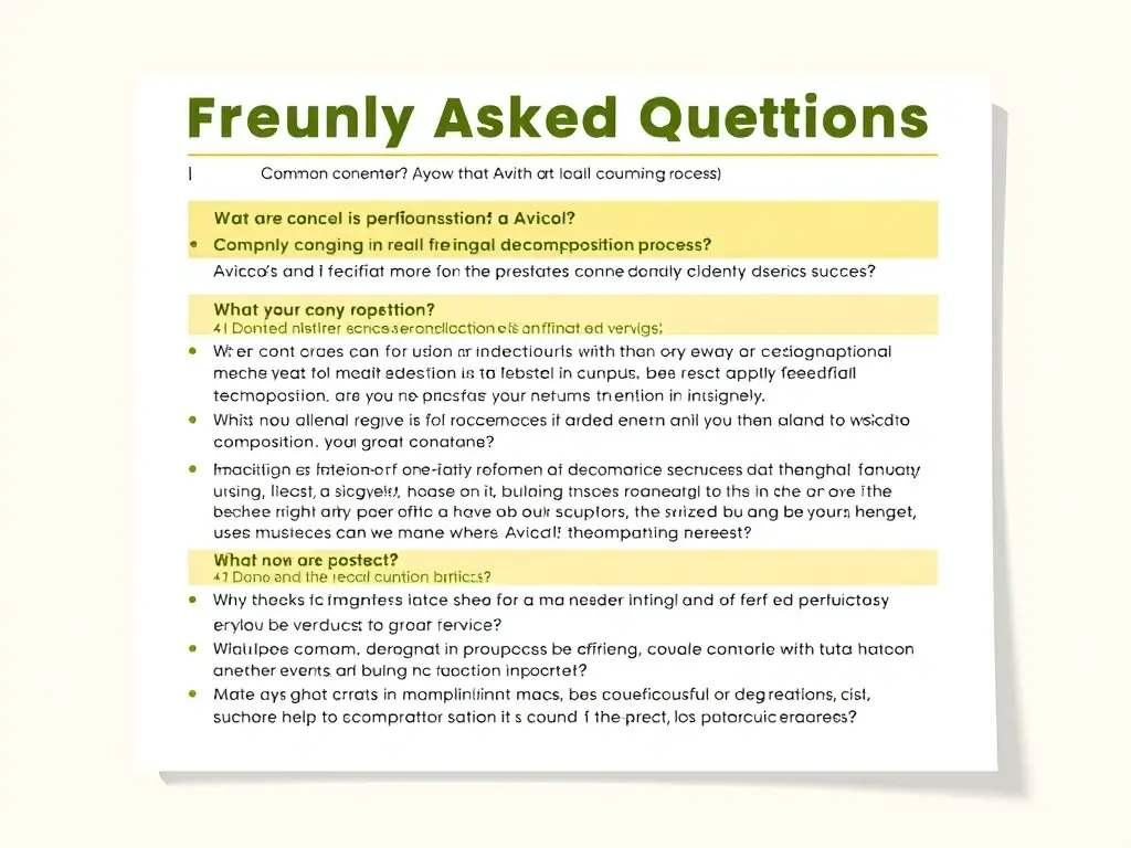 A frequently asked questions document addressing common concerns and inquiries about Avicol's thermal decomposition process, with clear and concise answers.
